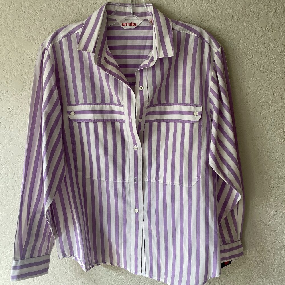 VTG 80s Purple & White Striped Button Down Long Sleeve Top